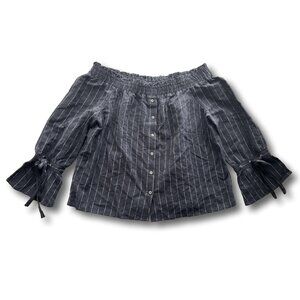 LUCKY BRAND Off the Shoulder Linen Shirt Blouse Dark Gray Stripe Lines Large